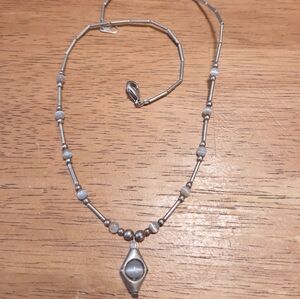 Vintage Liquid Silver and Gray Necklace With Beads And A Cat's Eye Pendant